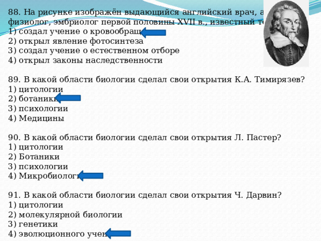 88. На рисунке изображён выдающийся английский врач, анатом, физиолог, эмбриолог первой половины XVII в., известный тем, что 1) создал учение о кровообращении 2) открыл явление фотосинтеза 3) создал учение о естественном отборе 4) открыл законы наследственности 89. В какой области биологии сделал свои открытия К.А. Тимирязев? 1) цитологии 2) ботаники 3) психологии 4) Медицины 90. В какой области биологии сделал свои открытия Л. Пастер? 1) цитологии 2) Ботаники 3) психологии 4) Микробиологии 91. В какой области биологии сделал свои открытия Ч. Дарвин? 1) цитологии 2) молекулярной биологии 3) генетики 4) эволюционного учения 