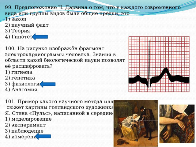 99. Предположение Ч. Дарвина о том, что у каждого современного вида или группы видов были общие предки, это 1) закон 2) научный факт 3) Теория 4) Гипотеза 100. На рисунке изображён фрагмент электрокардиограммы человека. Знания в области какой биологической науки позволят её расшифровать? 1) гигиена 2) генетика 3) физиология 4) Анатомия 101. Пример какого научного метода иллюстрирует  сюжет картины голландского художника Я. Стена «Пульс», написанной в середине XVII в.? 1) моделирование 2) эксперимент 3) наблюдение 4) измерение 