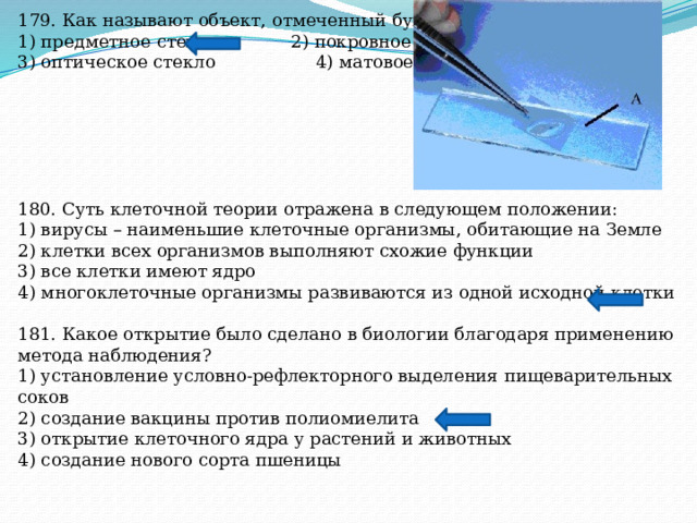 179. Как называют объект, отмеченный буквой А? 1) предметное стекло 2) покровное стекло 3) оптическое стекло 4) матовое стекло 180. Суть клеточной теории отражена в следующем положении: 1) вирусы – наименьшие клеточные организмы, обитающие на Земле 2) клетки всех организмов выполняют схожие функции 3) все клетки имеют ядро 4) многоклеточные организмы развиваются из одной исходной клетки 181. Какое открытие было сделано в биологии благодаря применению метода наблюдения? 1) установление условно-рефлекторного выделения пищеварительных соков 2) создание вакцины против полиомиелита 3) открытие клеточного ядра у растений и животных 4) создание нового сорта пшеницы 