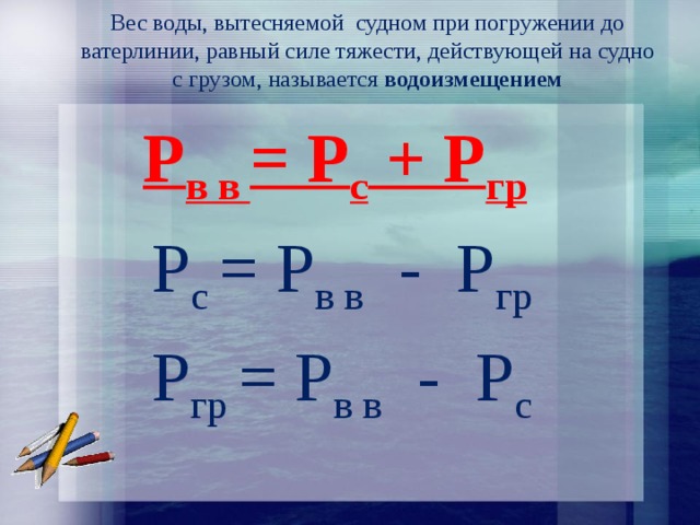 Вес воды, вытесняемой судном при погружении до ватерлинии, равный силе тяжести, действующей на судно с грузом, называется водоизмещением    P в в = Р с + Р гр  P с = Р в в - Р гр  P гр = Р в в - Р с 