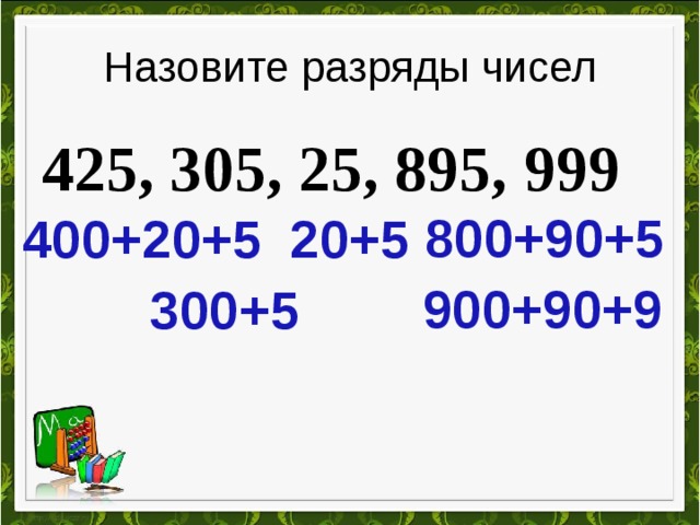 Назовите разряды чисел 425, 305, 25, 895, 999 800+90+5 20+5 400+20+5 900+90+9 300+5