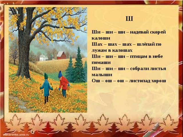  Ш  Ши – ши – ши – надевай скорей калоши Шах – шах – шах – шлёпай по лужам в калошах Ши – ши – ши – птицам в небе помаши Ши – ши – ши – собрали листья малыши Ош – ош – ош – листопад хорош 