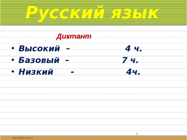 Русский язык Диктант Высокий – 4 ч. Базовый – 7 ч. Низкий - 4ч.  