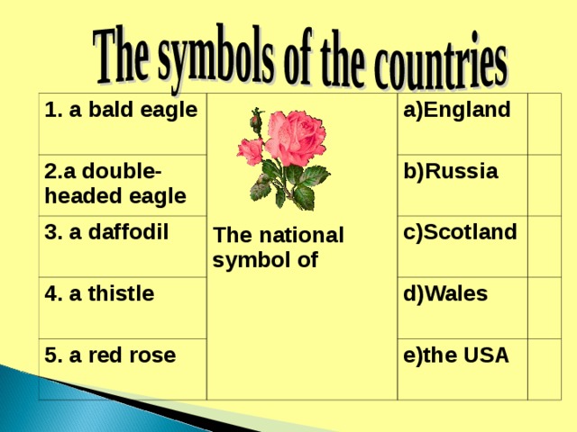 1. a bald eagle The national symbol of 2.a double-headed eagle a) England 3. a daffodil b) Russia 4. a thistle c) Scotland 5. a red rose d) Wales e) the USA 