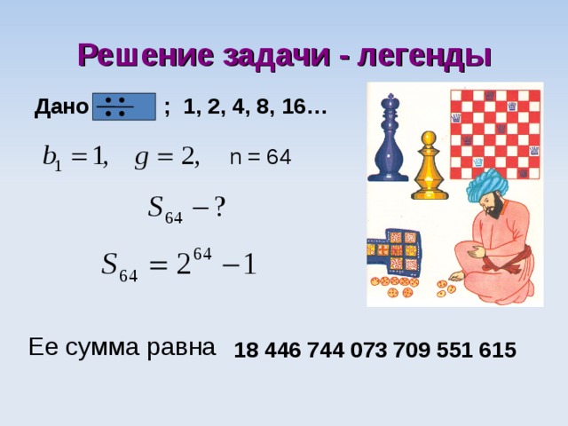 Решение задачи - легенды Дано ; 1 , 2, 4, 8, 16… n = 64 Ее сумма равна 18 446 744 073 709 551 615  