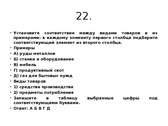 22. Установите соответствие между видами товаров и их примерами: к каждому элементу первого столбца подберите соответствующий элемент из второго столбца. Примеры А) руды металлов Б) станки и оборудование В) мебель Г) продуктивный скот Д) газ для бытовых нужд Виды товаров 1) средства производства 2) предметы потребления Запишите в таблицу выбранные цифры под соответствующими буквами. Ответ: А Б В Г Д 