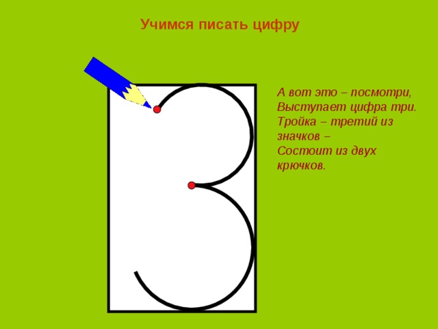 Учимся писать цифру А вот это – посмотри, Выступает цифра три. Тройка – третий из значков – Состоит из двух крючков. 