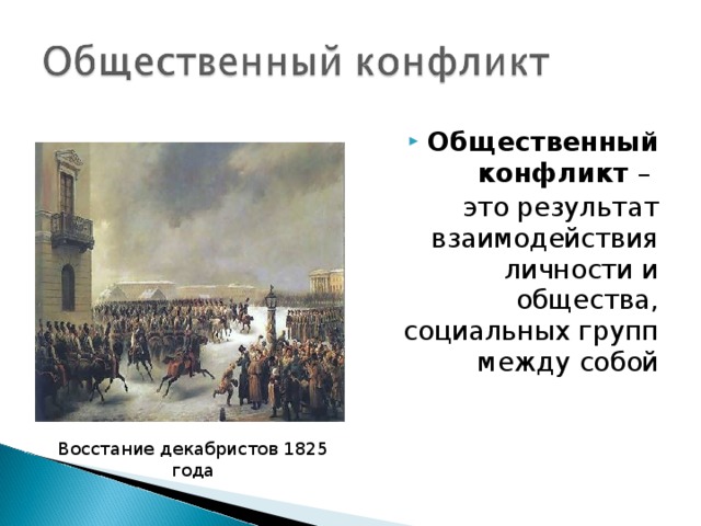 Общественный конфликт – это результат взаимодействия личности и общества, социальных групп между собой Восстание декабристов 1825 года 