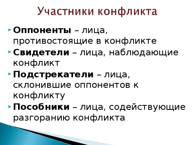 Оппоненты – лица, противостоящие в конфликте Свидетели – лица, наблюдающие конфликт Подстрекатели – лица, склонившие оппонентов к конфликту Пособники – лица, содействующие разгоранию конфликта  