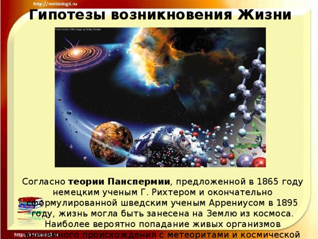 Гипотезы возникновения Жизни Согласно теории Панспермии , предложенной в 1865 году немецким ученым Г. Рихтером и окончательно сформулированной шведским ученым Аррениусом в 1895 году, жизнь могла быть занесена на Землю из космоса. Наиболее вероятно попадание живых организмов внеземного происхождения с метеоритами и космической пылью. 