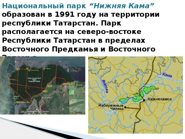 Национальный парк “Нижняя Кама”  образован в 1991 году на территории республики Татарстан. Парк располагается на северо-востоке Республики Татарстан в пределах Восточного Предкамья и Восточного Закамья  