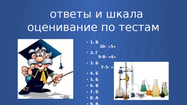  ответы и шкала оценивание по тестам 1. В 10- «5» 2. Г 9-8- «4» 3. Б 7-5- «3» 4. Б 5. Б 6. В 7. Б 8. А 9. В. 10. В 