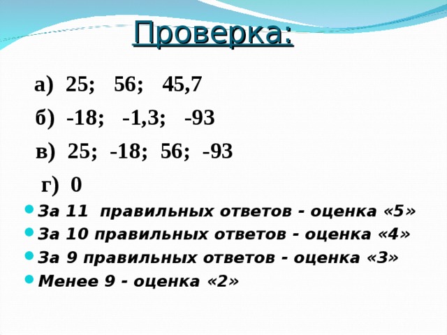 Проверка:  а) 25; 56; 45,7  б) -18; -1,3; -93  в) 25; -18; 56; -93  г) 0 За 11 правильных ответов - оценка «5» За 10 правильных ответов - оценка «4» За 9 правильных ответов - оценка «3» Менее 9 - оценка «2»  