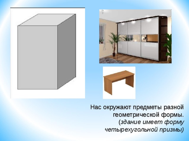 Нас окружают предметы разной геометрической формы.  ( здание имеет форму четырехугольной призмы) 2 