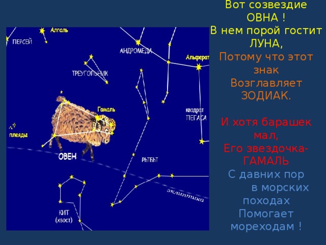 Вот созвездие ОВНА !  В нем порой гостит ЛУНА,  Потому что этот знак  Возглавляет ЗОДИАК.   И хотя барашек мал,  Его звездочка- ГАМАЛЬ  С давних пор  в морских походах  Помогает мореходам ! 