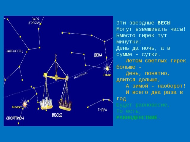 Эти звездные ВЕСЫ Могут взвешивать часы! Вместо гирек тут минутки: День да ночь, а в сумме - сутки.  Летом светлых гирек больше -  День, понятно, длится дольше,  А зимой - наоборот!  И всего два раза в год Будет равновесие, То есть, РАВНОДЕНСТВИЕ . 