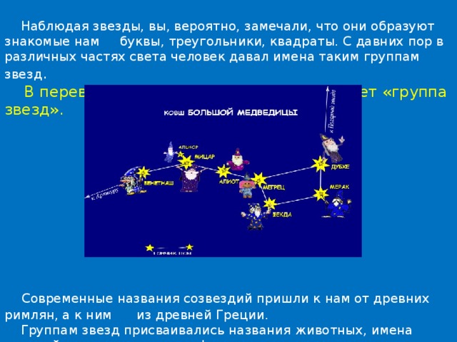  Наблюдая звезды, вы, вероятно, замечали, что они образуют знакомые нам буквы, треугольники, квадраты. С давних пор в различных частях света человек давал имена таким группам звезд .  В переводе с латыни «созвездие» означает «группа звезд».   Современные названия созвездий пришли к нам от древних римлян, а к ним из древней Греции.    Группам звезд присваивались названия животных, имена королей, королев, героев мифов.  