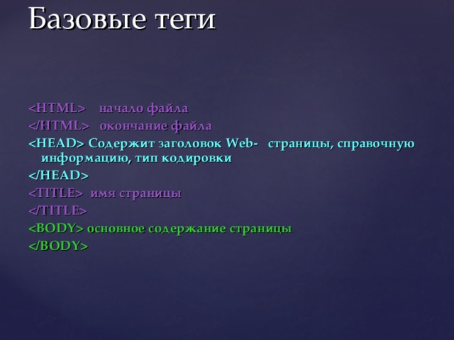Базовые теги  начало файла  окончание файла  Содержит заголовок Web- страницы, справочную информацию, тип кодировки   имя страницы   основное содержание страницы   