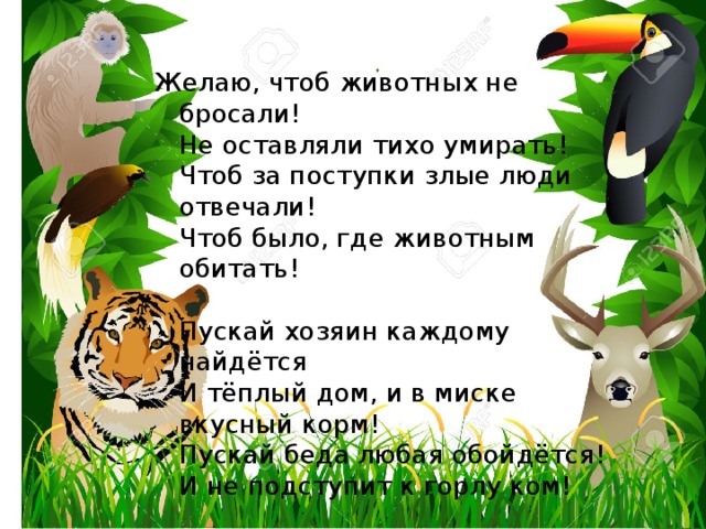 Желаю, чтоб животных не бросали!  Не оставляли тихо умирать!  Чтоб за поступки злые люди отвечали!  Чтоб было, где животным обитать!   Пускай хозяин каждому найдётся  И тёплый дом, и в миске вкусный корм!  Пускай беда любая обойдётся!  И не подступит к горлу ком!   