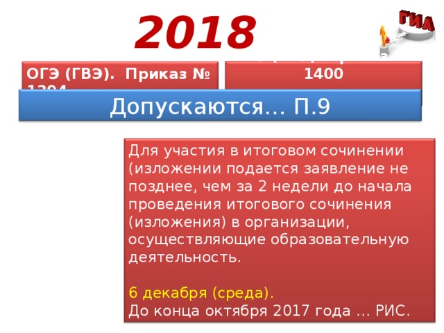 2018 ОГЭ (ГВЭ). Приказ № 1394  ЕГЭ (ГВЭ). Приказ № 1400  Допускаются… П.9 Для участия в итоговом сочинении (изложении подается заявление не позднее, чем за 2 недели до начала проведения итогового сочинения (изложения) в организации, осуществляющие образовательную деятельность. 6 декабря (среда). До конца октября 2017 года … РИС. 