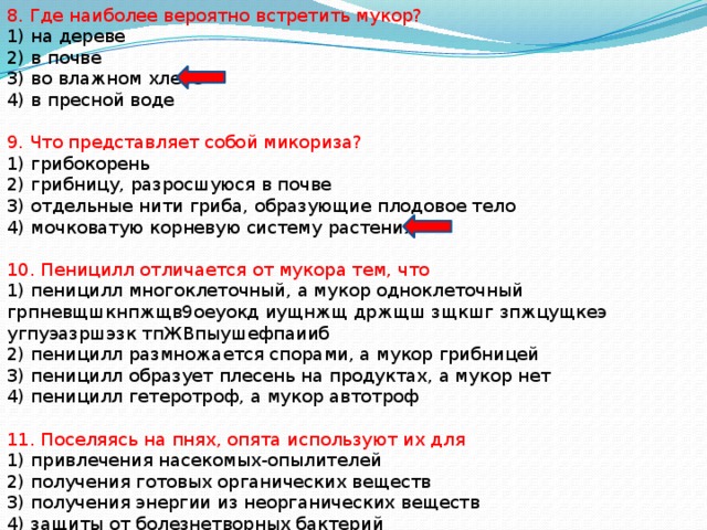 8. Где наиболее вероятно встретить мукор? 1) на дереве 2) в почве 3) во влажном хлебе 4) в пресной воде 9. Что представляет собой микориза? 1) грибокорень 2) грибницу, разросшуюся в почве 3) отдельные нити гриба, образующие плодовое тело 4) мочковатую корневую систему растения 10. Пеницилл отличается от мукора тем, что 1) пеницилл многоклеточный, а мукор одноклеточный грпневщшкнпжщв9оеуокд иущнжщ држщш зщкшг зпжцущкеэ угпуэазршэзк тпЖВпыушефпаииб 2) пеницилл размножается спорами, а мукор грибницей 3) пеницилл образует плесень на продуктах, а мукор нет 4) пеницилл гетеротроф, а мукор автотроф 11. Поселяясь на пнях, опята используют их для 1) привлечения насекомых-опылителей 2) получения готовых органических веществ 3) получения энергии из неорганических веществ 4) защиты от болезнетворных бактерий 