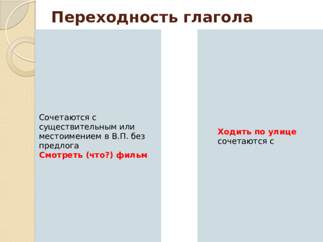 Переходность глагола   Переходные Сочетаются с существительным или местоимением в В.П. без предлога Непереходные Ходить по улице Смотреть (что?) фильм сочетаются с 