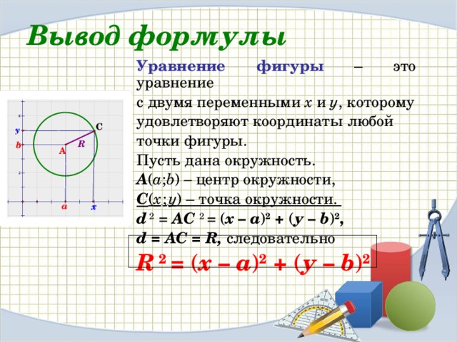 Уравнение фигуры. Уравнение окружности вывод формулы. Формула центра окружности. Вывод формулы окружности. Вывод уравнения окружности.