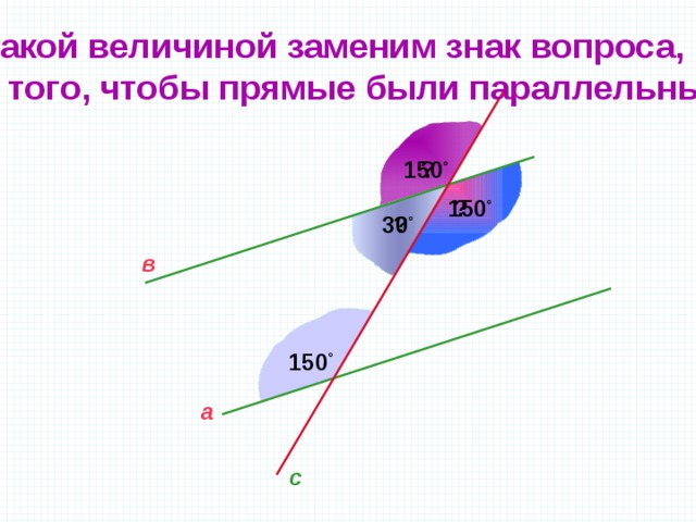 Какой величиной заменим знак вопроса, для того, чтобы прямые были параллельны? 150 ° ? ? 150 ° ? 30 ° в 150 ° а с 