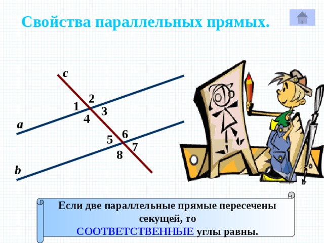Свойства параллельных прямых. с 2 1 3 4 а 6 5 7 Р 8 b Если две параллельные прямые пересечены секущей, то СООТВЕТСТВЕННЫЕ углы равны. 