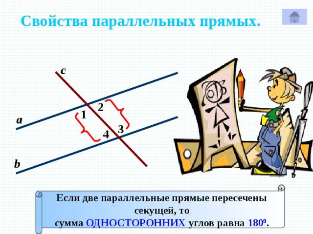 Свойства параллельных прямых. с 2 1 а 3 4 Р b Если две параллельные прямые пересечены секущей, то сумма ОДНОСТОРОННИХ углов равна 180 0 . 