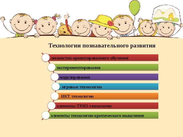 Технологии познавательного развития личностно-ориентированного обучения  экспериментирования  моделирования  игровые технологии   ИКТ технологии элементы ТРИЗ-технологии элементы технологии критического мышления 