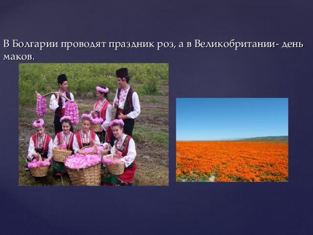 В Болгарии проводят праздник роз, а в Великобритании- день маков. 