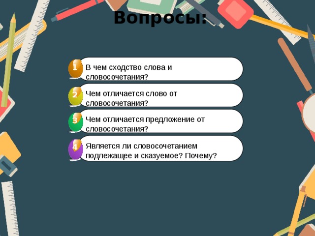 Вопросы:   1 В чем сходство слова и словосочетания? Чем отличается слово от словосочетания? 2 Чем отличается предложение от словосочетания? 3 3 Является ли словосочетанием подлежащее и сказуемое? Почему? 4 4