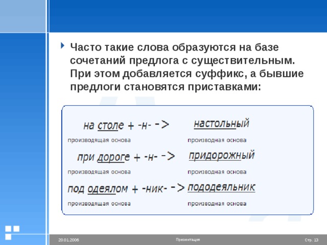 Часто такие слова образуются на базе сочетаний предлога с существительным. При этом добавляется суффикс, а бывшие предлоги становятся приставками: