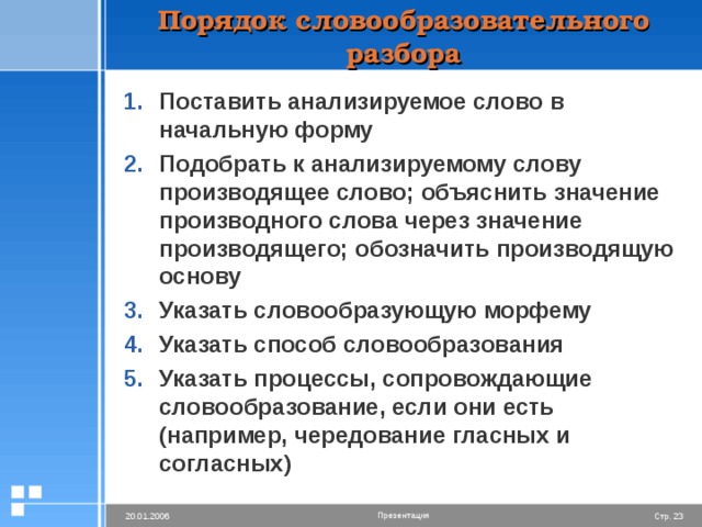 Порядок словообразовательного разбора Поставить анализируемое слово в начальную форму Подобрать к анализируемому слову производящее слово; объяснить значение производного слова через значение производящего; обозначить производящую основу Указать словообразующую морфему Указать способ словообразования Указать процессы, сопровождающие словообразование, если они есть (например, чередование гласных и согласных)