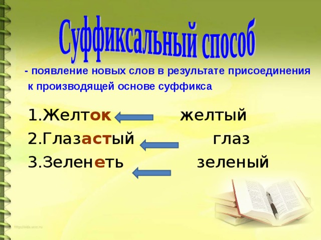 - появление новых слов в результате присоединения  к производящей основе суффикса