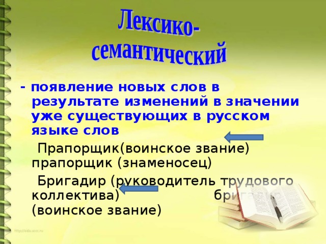 - появление новых слов в результате изменений в значении уже существующих в русском языке слов  Прапорщик(воинское звание) прапорщик (знаменосец)  Бригадир (руководитель трудового коллектива) бригадир (воинское звание)