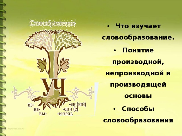 Что изучает словообразование. Понятие производной, непроизводной и производящей основы Способы словообразования