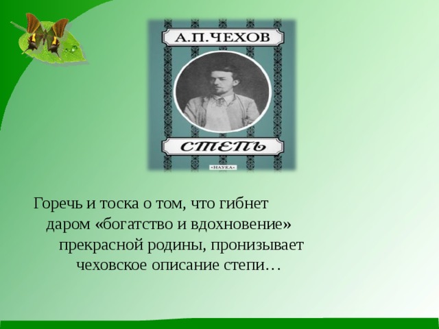         Горечь и тоска о том, что гибнет  даром «богатство и вдохновение»  прекрасной родины, пронизывает  чеховское описание степи… 