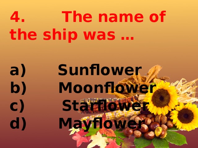 4.       The name of the ship was …  a)      Sunflower b)      Moonflower c)       Starflower d)      Mayflower 