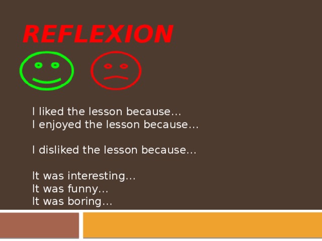 REFLEXION    I liked the lesson because… I enjoyed the lesson because… I disliked the lesson because… It was interesting… It was funny… It was boring… 