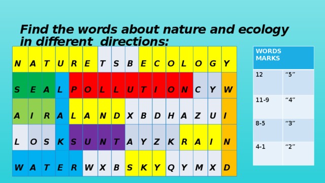 Find the words about nature and ecology in different directions: WORDS MARKS 12 “ 5” 11-9 8-5 “ 4” “ 3” 4-1 “ 2”  N  A  S  E  T  A  I  U  L  A  O  L  W  R  R  A  A  S  P  E  O  K  L  T  T  E  S  L  A  S  U  L  B  R  N  N  W  E  D  U  T  T  C  X  X  O  B  B  A  I  Y  O  S  L  D  O  K  Z  H  N  K  C  G  Y  A  Y  Q  Y  R  Z  W  A  U  Y  M  I  I  N  X  D 