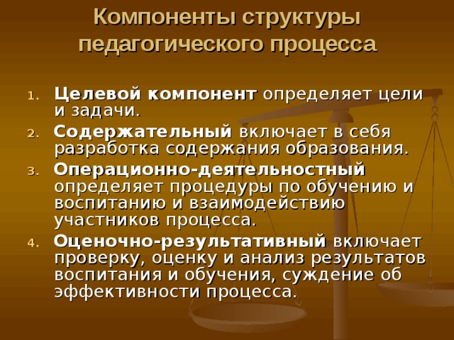 Компоненты структуры педагогического процесса   Целевой компонент определяет цели и задачи. Содержательный включает в себя разработка содержания образования. Операционно-деятельностный определяет процедуры по обучению и воспитанию и взаимодействию участников процесса. Оценочно-результативный включает проверку, оценку и анализ результатов воспитания и обучения, суждение об эффективности процесса. 