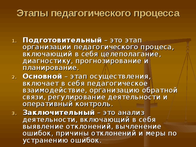 Этапы педагогического процесса   Подготовительный – это этап организации педагогического процеса, включающий в себя целеполагание, диагностику, прогнозирование и планирование. Основной – этап осуществления, включает в себя педагогическое взаимодействие, организацию обратной связи, регулирование деятельности и оперативный контроль. Заключительный – это анализ деятельности, включающий в себя выявление отклонений, вычленение ошибок, причины отклонений и меры по устранению ошибок. 