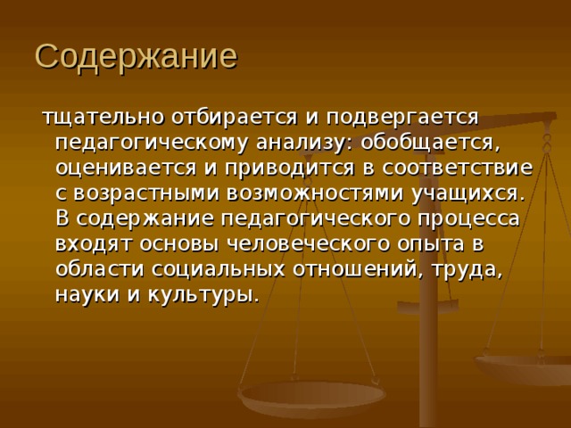  тщательно отбирается и подвергается педагогическому анализу: обобщается, оценивается и приводится в соответствие с возрастными возможностями учащихся. В содержание педагогического процесса входят основы человеческого опыта в области социальных отношений, труда, науки и культуры.    