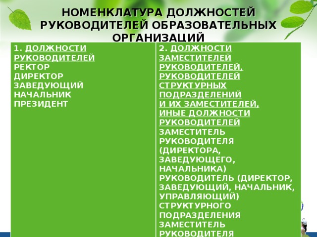 НОМЕНКЛАТУРА ДОЛЖНОСТЕЙ РУКОВОДИТЕЛЕЙ ОБРАЗОВАТЕЛЬНЫХ ОРГАНИЗАЦИЙ 1. Должности руководителей Ректор 2. Должности заместителей руководителей, Директор руководителей структурных подразделений и их заместителей, Заведующий иные должности руководителей Начальник Заместитель руководителя (директора, заведующего, начальника) Президент Руководитель (директор, заведующий, начальник, управляющий) структурного подразделения  Заместитель руководителя (директора, заведующего, начальника, управляющего) структурного подразделения  