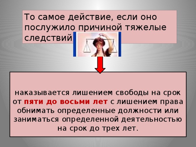 То самое действие, если оно послужило причиной тяжелые следствий  наказывается лишением свободы на срок от пяти до восьми лет с лишением права обнимать определенные должности или заниматься определенной деятельностью на срок до трех лет. 