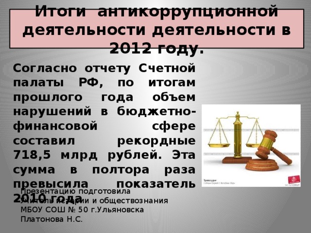 Итоги антикоррупционной деятельности деятельности в 2012 году. Согласно отчету Счетной палаты РФ, по итогам прошлого года объем нарушений в бюджетно-финансовой сфере составил рекордные 718,5 млрд рублей. Эта сумма в полтора раза превысила показатель 2010 года Презентацию подготовила Учитель истории и обществознания МБОУ СОШ № 50 г.Ульяновска Платонова Н.С. 