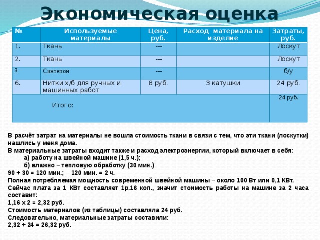 Экономическая оценка   № Используемые материалы 1. 2. Цена, руб. Ткань 3. Ткань --- Расход материала на изделие Затраты, руб. Синтепон 6. --- Лоскут --- Нитки х/б для ручных и машинных работ  Итого: Лоскут 8 руб. 3 катушки б/у 24 руб. 24 руб. В расчёт затрат на материалы не вошла стоимость ткани в связи с тем, что эти ткани (лоскутки) нашлись у меня дома. В материальные затраты входит также и расход электроэнергии, который включает в себя:  а) работу на швейной машине (1,5 ч.);  б) влажно – тепловую обработку (30 мин.) 90 + 30 = 120 мин.; 120 мин. = 2 ч. Полная потребляемая мощность современной швейной машины – около 100 Вт или 0,1 КВт. Сейчас плата за 1 КВт составляет 1р.16 коп., значит стоимость работы на машине за 2 часа составит: 1,16 х 2 = 2,32 руб. Стоимость материалов (из таблицы) составляла 24 руб. Следовательно, материальные затраты составили: 2,32 + 24 = 26,32 руб. 