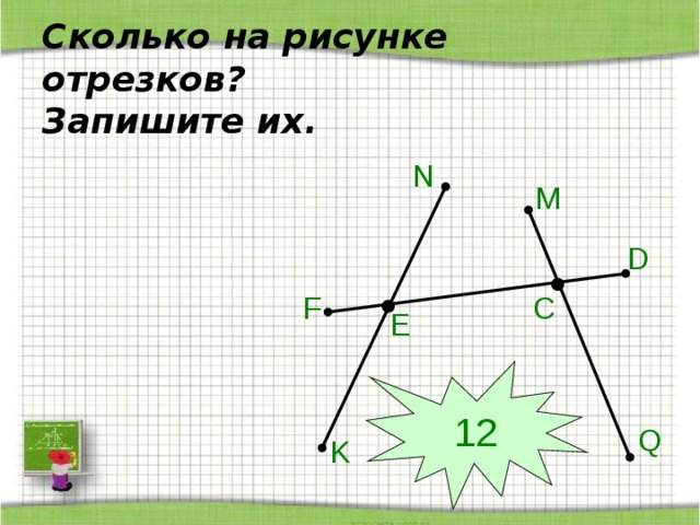 Сколько на рисунке отрезков?  Запишите их. N M D C F E 12 Q K 
